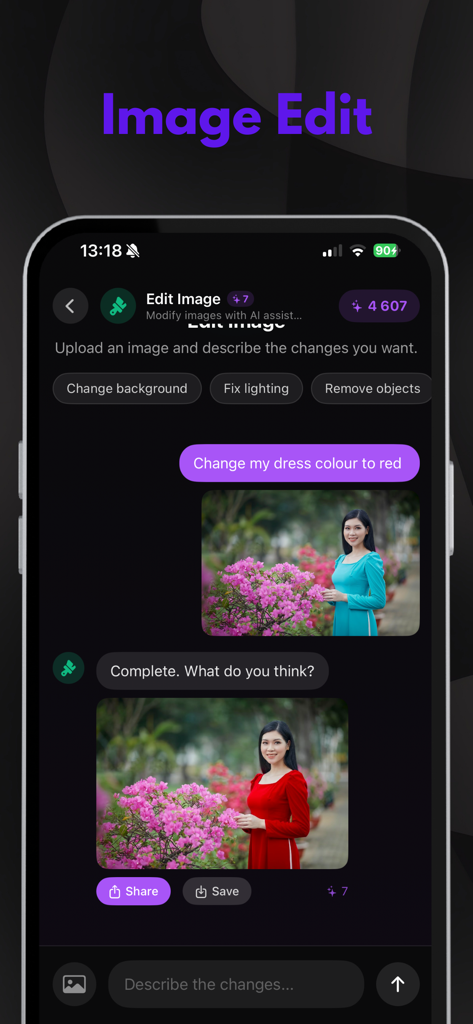 Clippi app interface showing an AI image edit changing a blue dress to red based on a text prompt