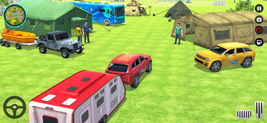 Van Life: Camping Game - Aerial view of a campsite with various vehicles trailers and tents in the Van Life simulation game