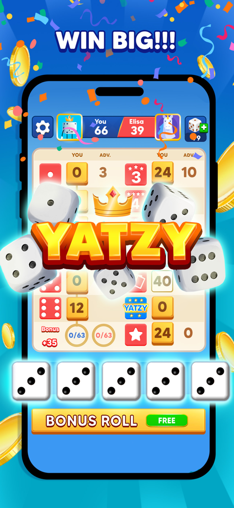 Yatzy Royal mobile game screen showing a winning result with dice coins and confetti