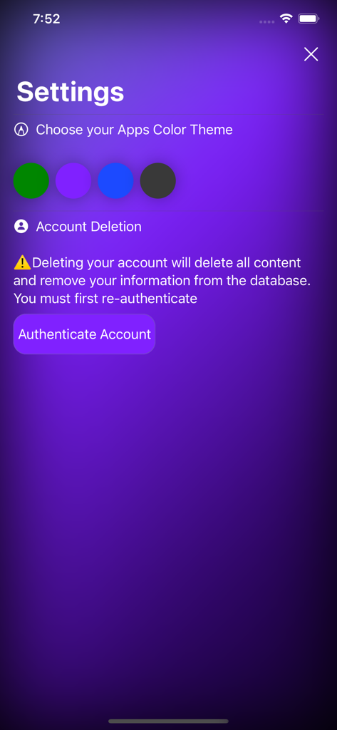 Settings screen of the Passkeep app showing options to choose a color theme and a section for account deletion with an authentication button