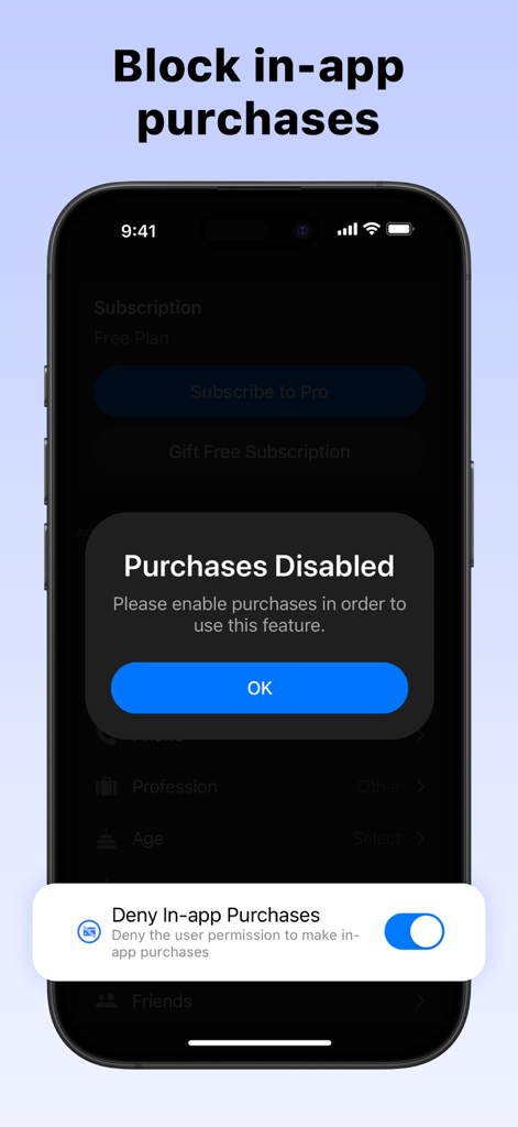 AppCrypt mobile interface showing a toggle to deny in-app purchases and a purchase disabled notification.
