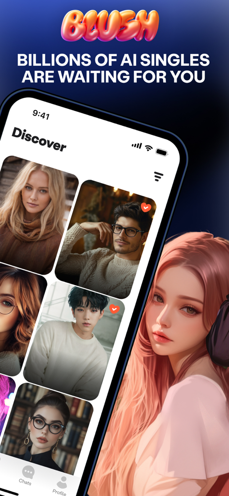 Blush: AI Dating Simulator - Blush AI dating simulator discovery screen showing various AI character profiles