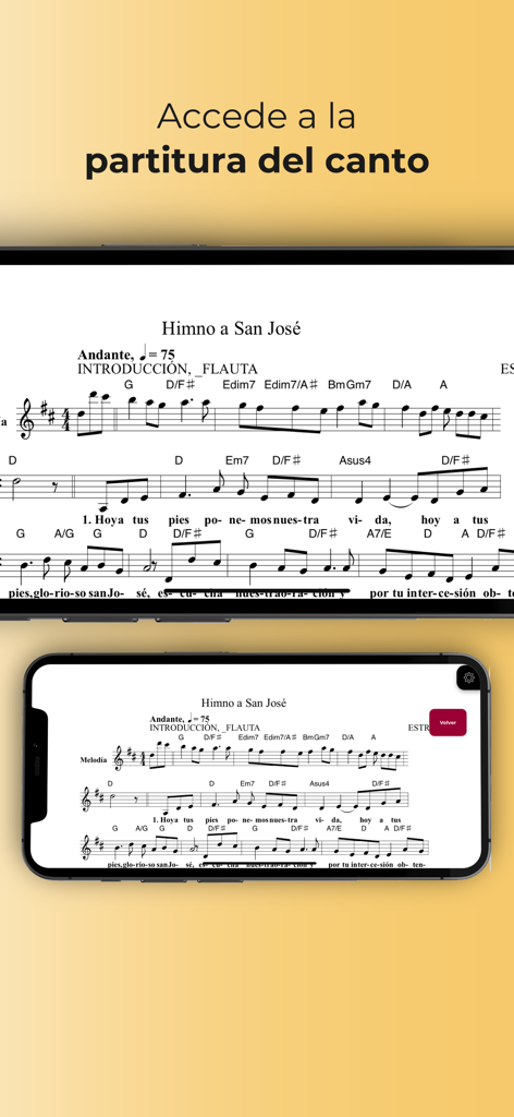 Canto Católico - Smartphone screen displaying digital sheet music for the Catholic hymn Himno a San Jose in the Canto Catolico app
