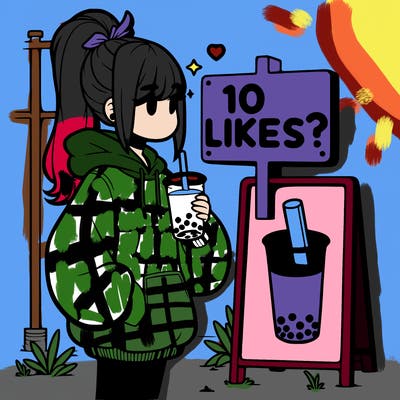 girl with oversized hoodie drinking boba and she has a high ponytail with a sign that says 10likes?
