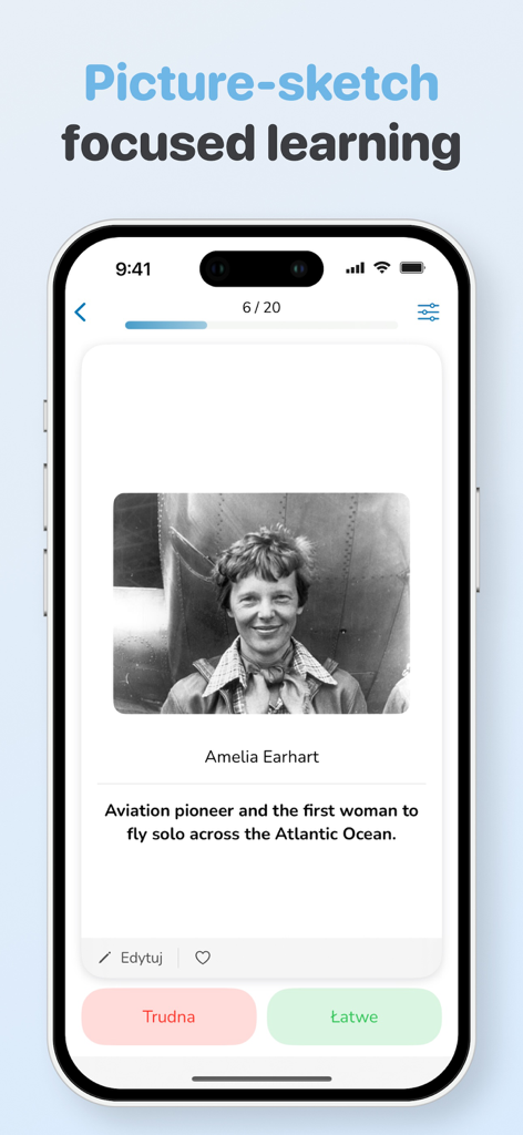 A minimalist flashcard screen in the Memorize app featuring a photo and biography of Amelia Earhart for focused learning.