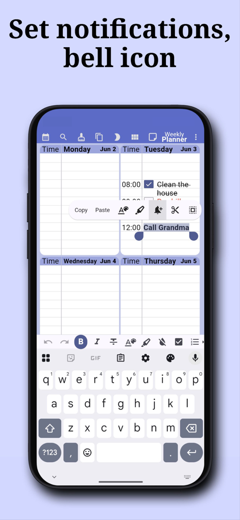 Weekly Planner: To-Do & Tasks - Interfaz móvil que muestra la configuración de recordatorios de tareas usando el ícono de campana en la aplicación Weekly Planner