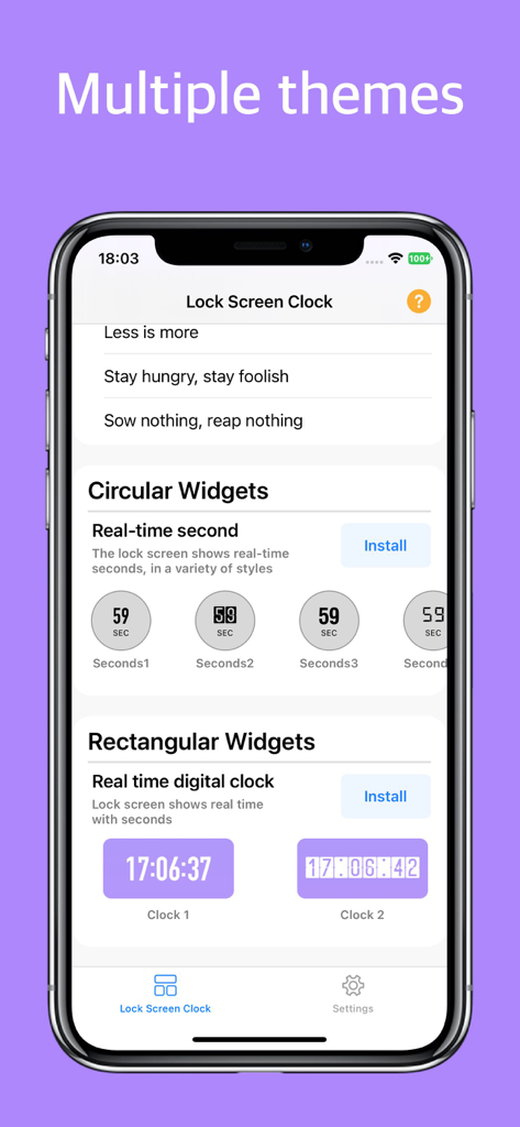 Lock Screen Clock with Seconds - Interface of the app showing circular and rectangular clock widget themes for the iPhone lock screen