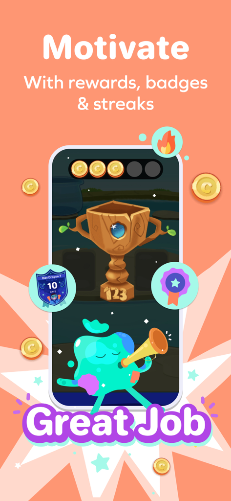 SplashLearn app screen showing rewards like a wooden trophy, achievement badges, and coins with the text Motivate with rewards badges and streaks.