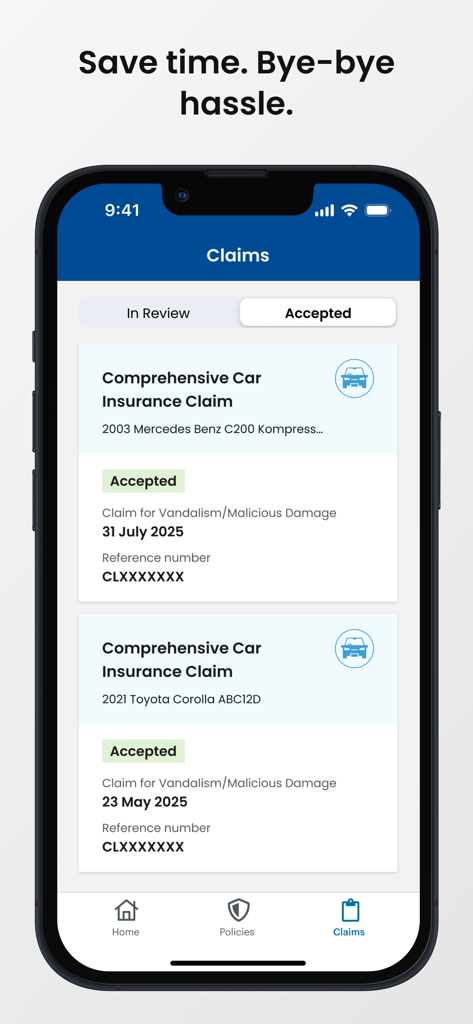 State - State insurance app interface showing accepted car insurance claims for multiple vehicles.