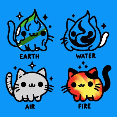 4 cats that represent the different elements, earth, water, air, and fire