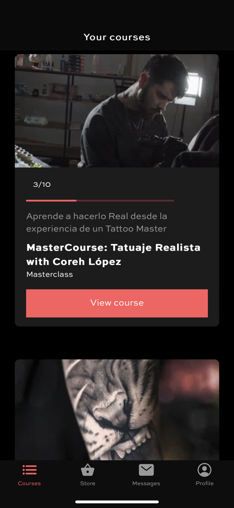 10 Masters app interface showing a realistic tattoo mastercourse with Coreh Lopez and a progress bar