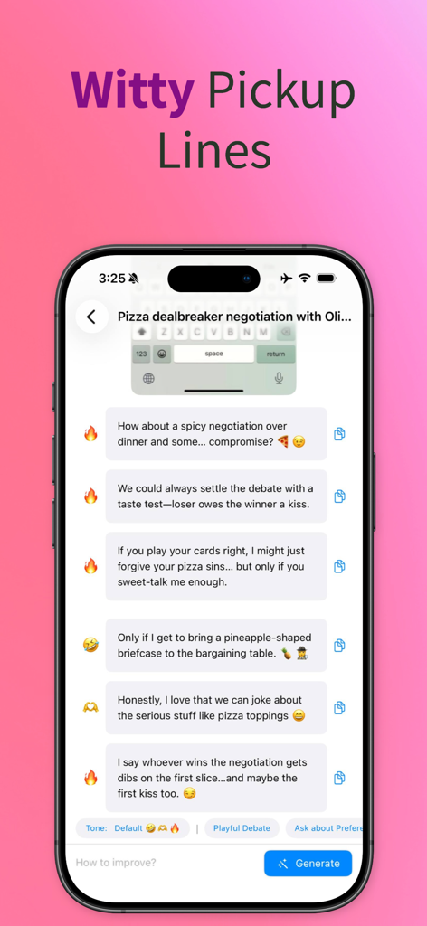 Rizzler AI: Texting Wingman - A mobile phone screen displaying several AI generated witty pickup lines for a dating app conversation about pizza