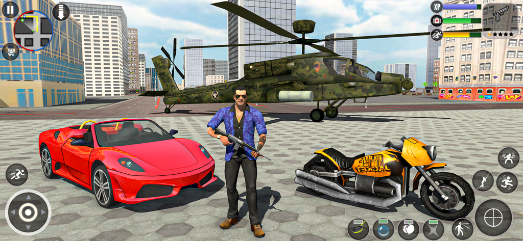 Gangster City Vegas Crime Game - Un personaggio gangster in piedi con un'auto sportiva rossa, una moto gialla e un elicottero militare in una città open-world