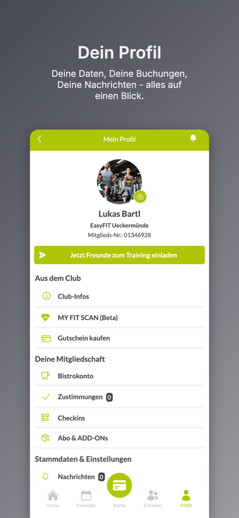 EasyFIT - Interface do perfil do usuário do aplicativo de academia EasyFIT mostrando dados de assinatura e configurações da conta