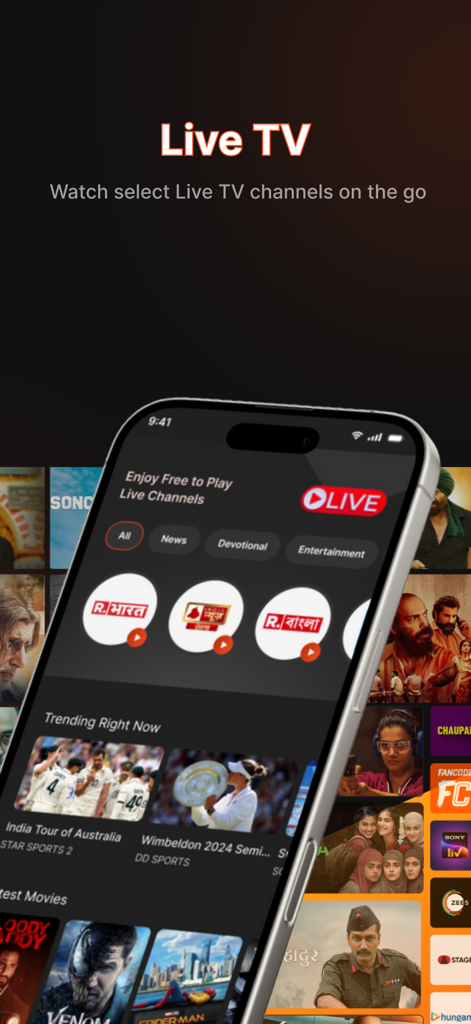 My DishTV - Um smartphone exibindo a interface do aplicativo My DishTV com canais de TV indianos ao vivo e programas esportivos em destaque