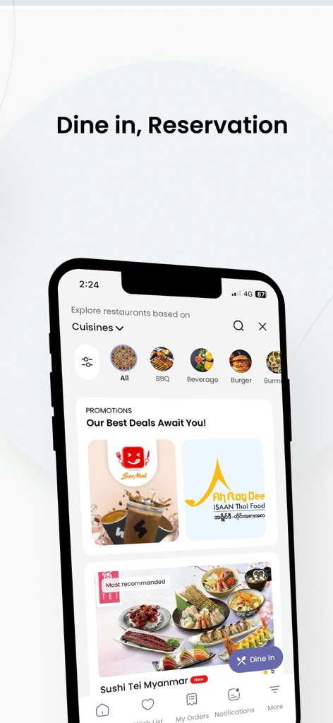 uabpay Mobile App Bildschirm, der Restaurantentdeckungen und Tischreservierungsoptionen mit Sonderangeboten zeigt