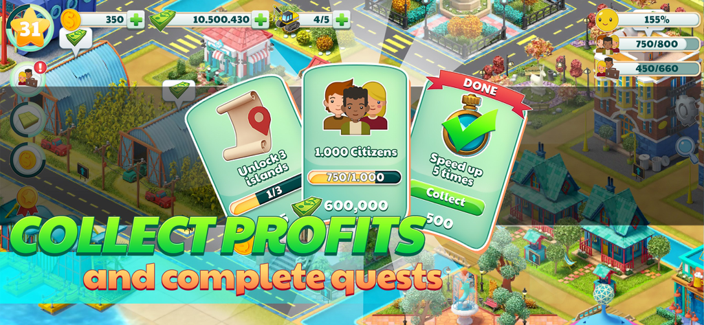 Town City - Building Simulator - A gameplay screenshot of Town City Building Simulator showing quest cards for unlocking islands and reaching citizen goals