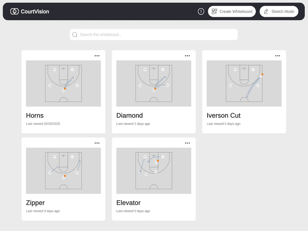 CourtVisions - Dashboard of the CourtVisions app displaying a library of saved basketball tactical plays on an iPad.