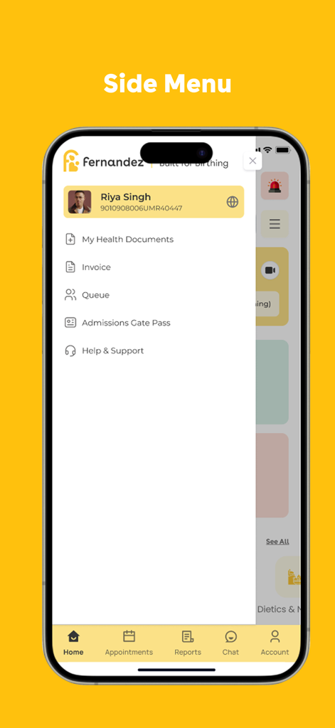 Side menu of the Fernandez Hospital app showing user profile and healthcare management options
