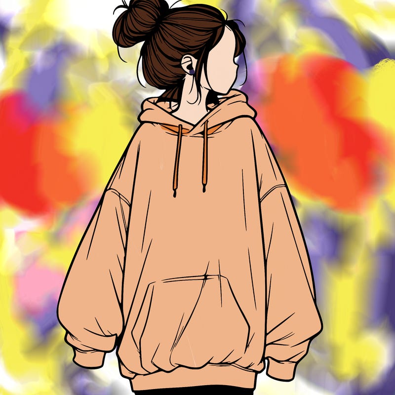 realistic girl with a oversized sweatshirt on and a bun