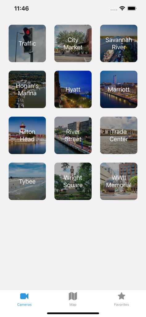 Savannah Cams - Live Views - A mobile app interface displaying a grid of live camera feeds for locations in Savannah Georgia including Tybee Island and River Street
