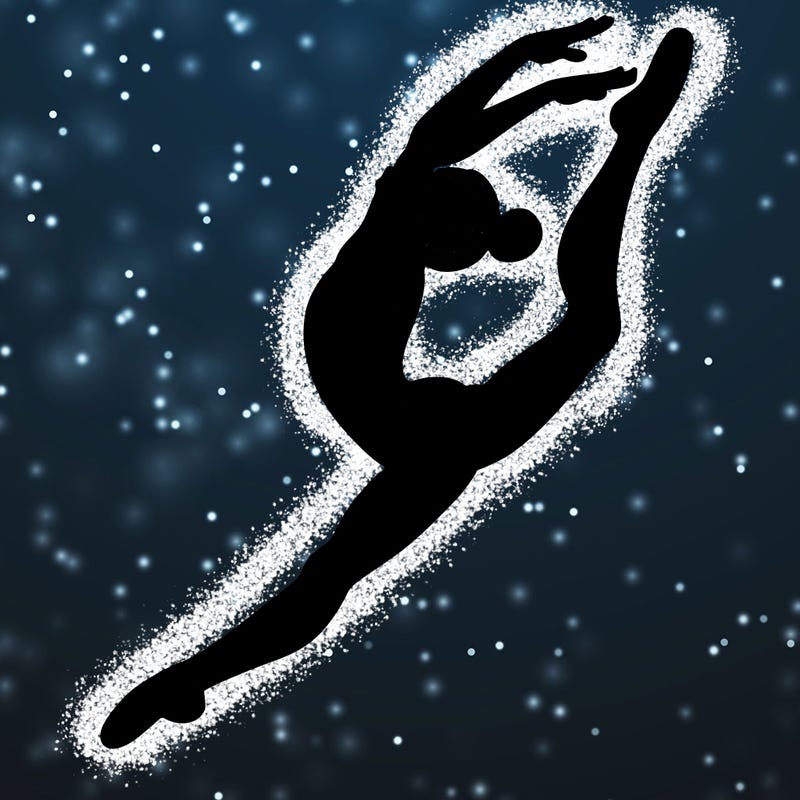 gymnast doing a leap in a leotard with a bent back leg