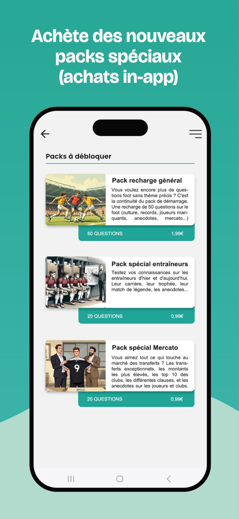 Quiz Football Club (Quiz FC) - In-app store of Quiz Football Club showing special soccer quiz packs for purchase.