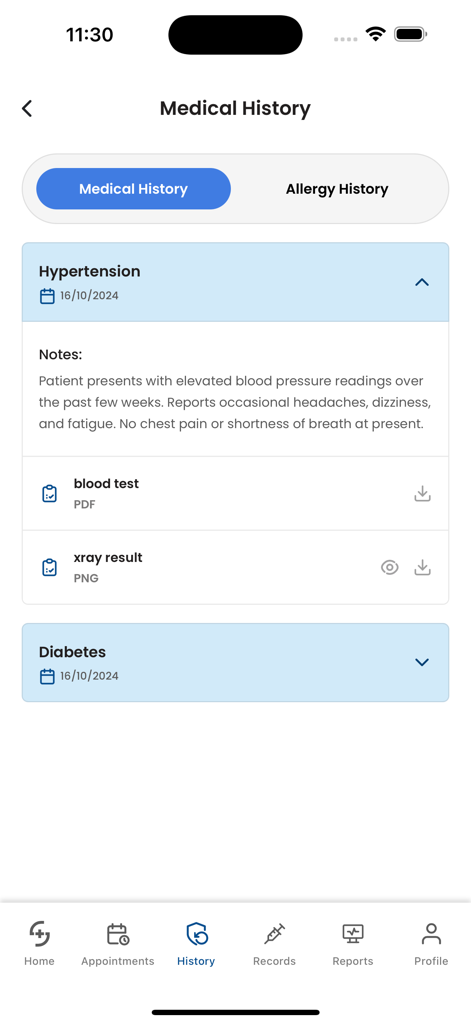 Southern Health App - Southern Health App screen displaying medical history for chronic conditions like hypertension and diabetes including diagnostic reports.
