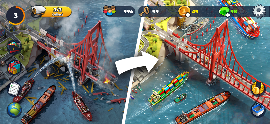 Port City: Ship Simulator - Una comparación de antes y después que muestra la reparación de un puente dañado en el juego Port City Ship Simulator.