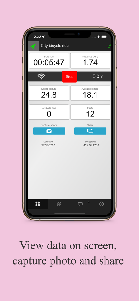 LocaToWeb Realtime GPS tracker - Pantalla de la aplicación LocaToWeb que muestra datos de rastreo en tiempo real para un paseo en bicicleta, incluyendo duración y velocidad.