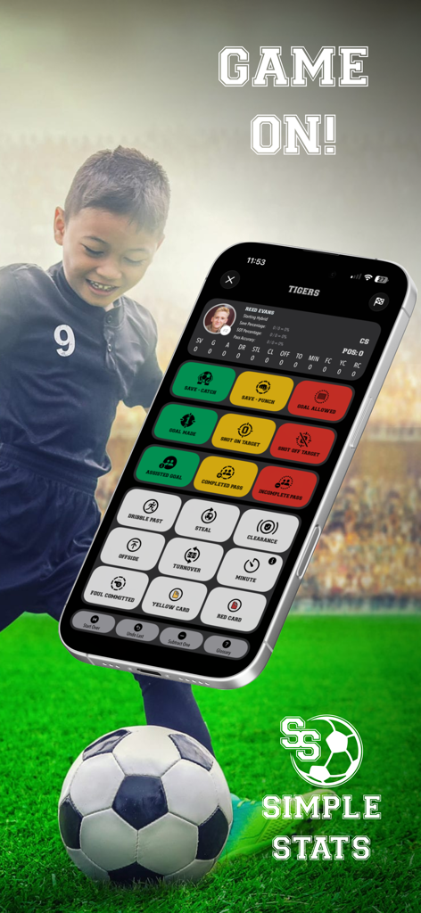 스마트폰에 유소년 축구 통계를 쉽게 기록할 수 있는 축구 기록 추적기 앱 인터페이스가 표시됩니다.