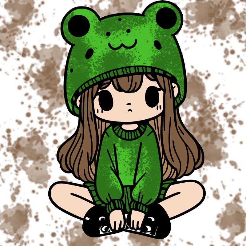 a girl wearing a frog hat and some frog socks