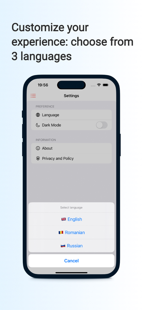 Smartphone screen showing the language settings in the Medical Dictionary app with choices for English Romanian and Russian