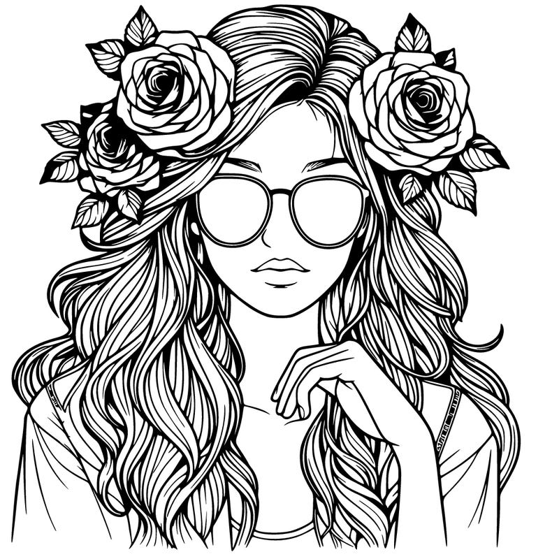 realistic girl with roses in hair and sunglasses