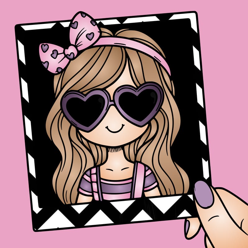 a polaroid picture of a girl with heart sunglasses on