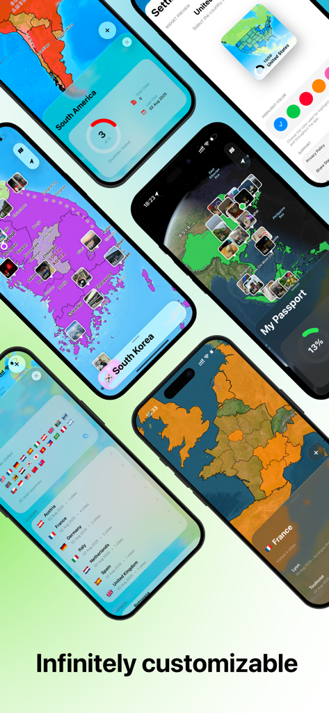 A collage of screenshots from the Stamps Travel Tracker app showing various customizable map styles, travel progress rings, and photo pin features.