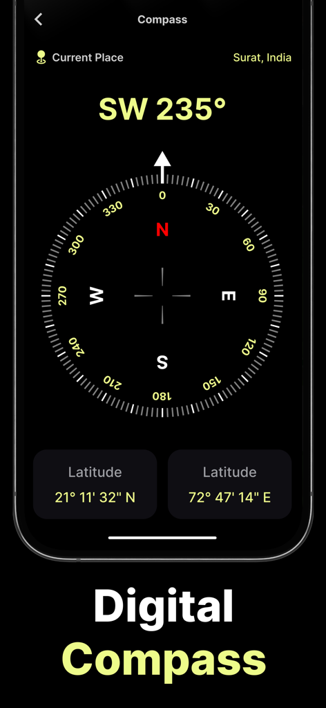 Un écran d'application mobile affichant une boussole numérique avec les coordonnées de latitude et de longitude et un indicateur de direction