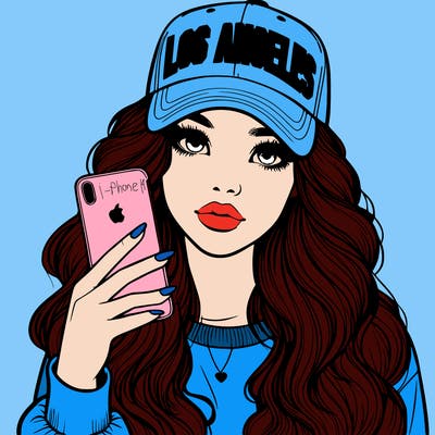 realistic beautiful girl wearing los ángeles cap holding an iphone