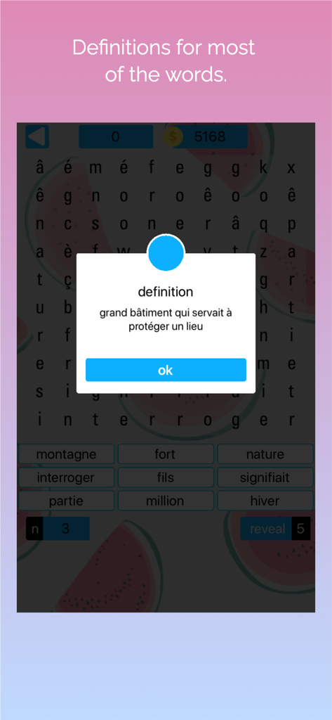 Screenshot of the word search app showing a dictionary definition pop-up during gameplay on a watermelon themed background