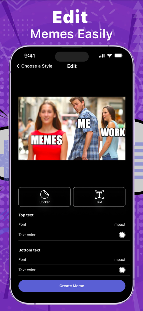 Meme Maker | Gif Creator - テキストとステッカーツールで気を取られている男性のミームを編集するためのミームメーカーアプリのインターフェース