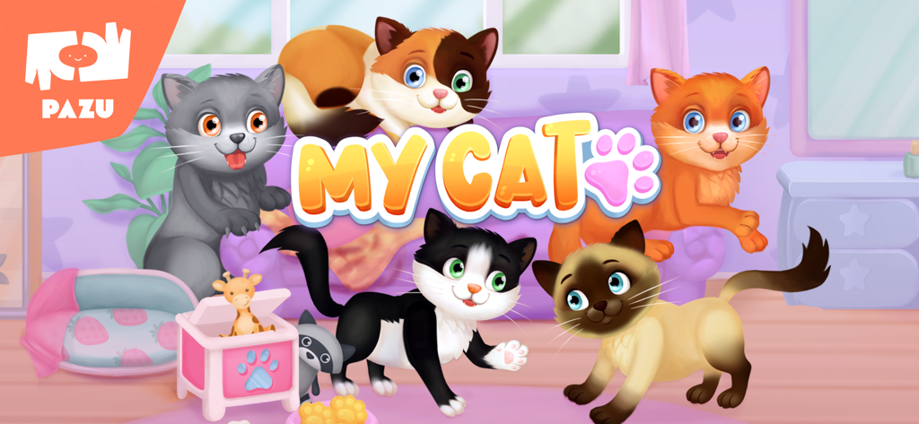 Arte promocional para o jogo Meu Gato mostrando cinco gatinhos de desenho animado fofos em uma sala de jogos colorida