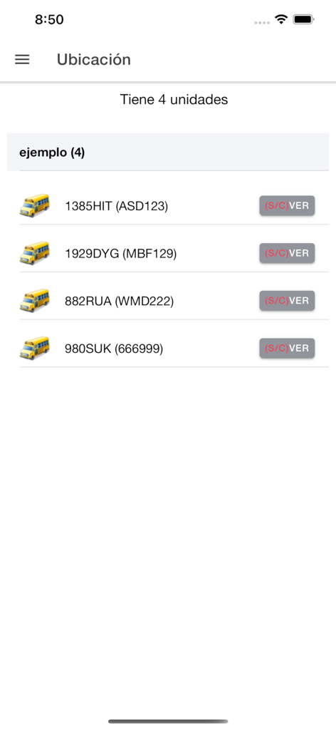 Rastreo GPS v2 - Una lista de vehículos rastreados mostrando sus números de identificación en la aplicación Rastreo GPS.