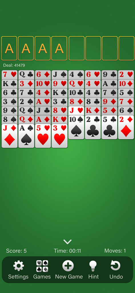 FreeCell Solitaire (Classic) - Gameplay screen of FreeCell Solitaire Classic showing a green card table and easy to read cards