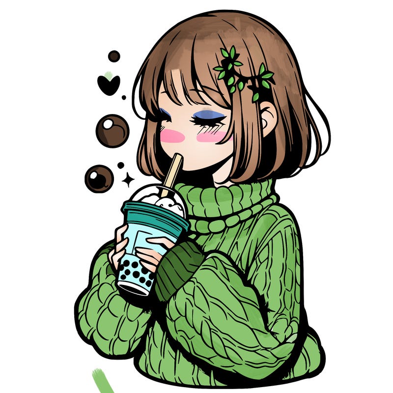 manga girl drinking boba in cozy sweater