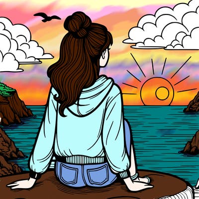 girl watching the sunset sitting on a cliff overlooking the ocean