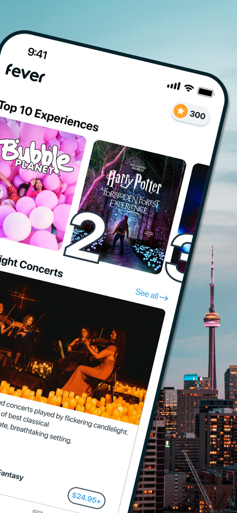 Fever: Events & Tickets - The Fever app interface showcasing top events like immersive experiences and candlelight concerts