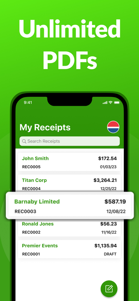 Ace Receipt Maker - A mobile phone displaying a list of digital business receipts under the heading Unlimited PDFs.