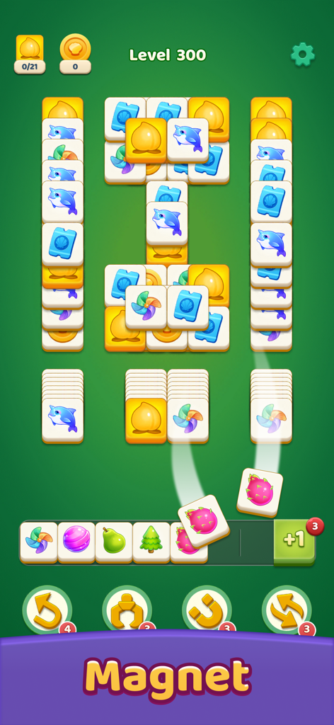 Tile Story: Cozy Tile Journey - Gameplay screen of Tile Story showing a triple tile matching puzzle level with a magnet power up