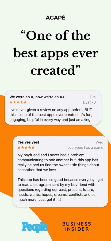 Testimonios de usuarios y valoraciones de cinco estrellas para la aplicación de bienestar relacional Agape, incluyendo citas de parejas satisfechas y logotipos de medios como People y Business Insider.