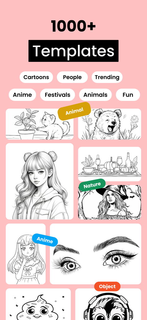 AR Drawing Sketch Paint; Trace - Una pantalla de biblioteca que muestra más de 1000 plantillas de dibujo en categorías como Animales de Anime y Naturaleza para trazar